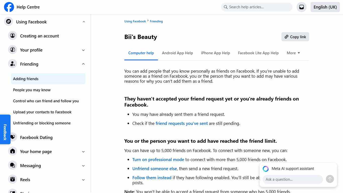 Bii's Beauty Facebook Help Centre